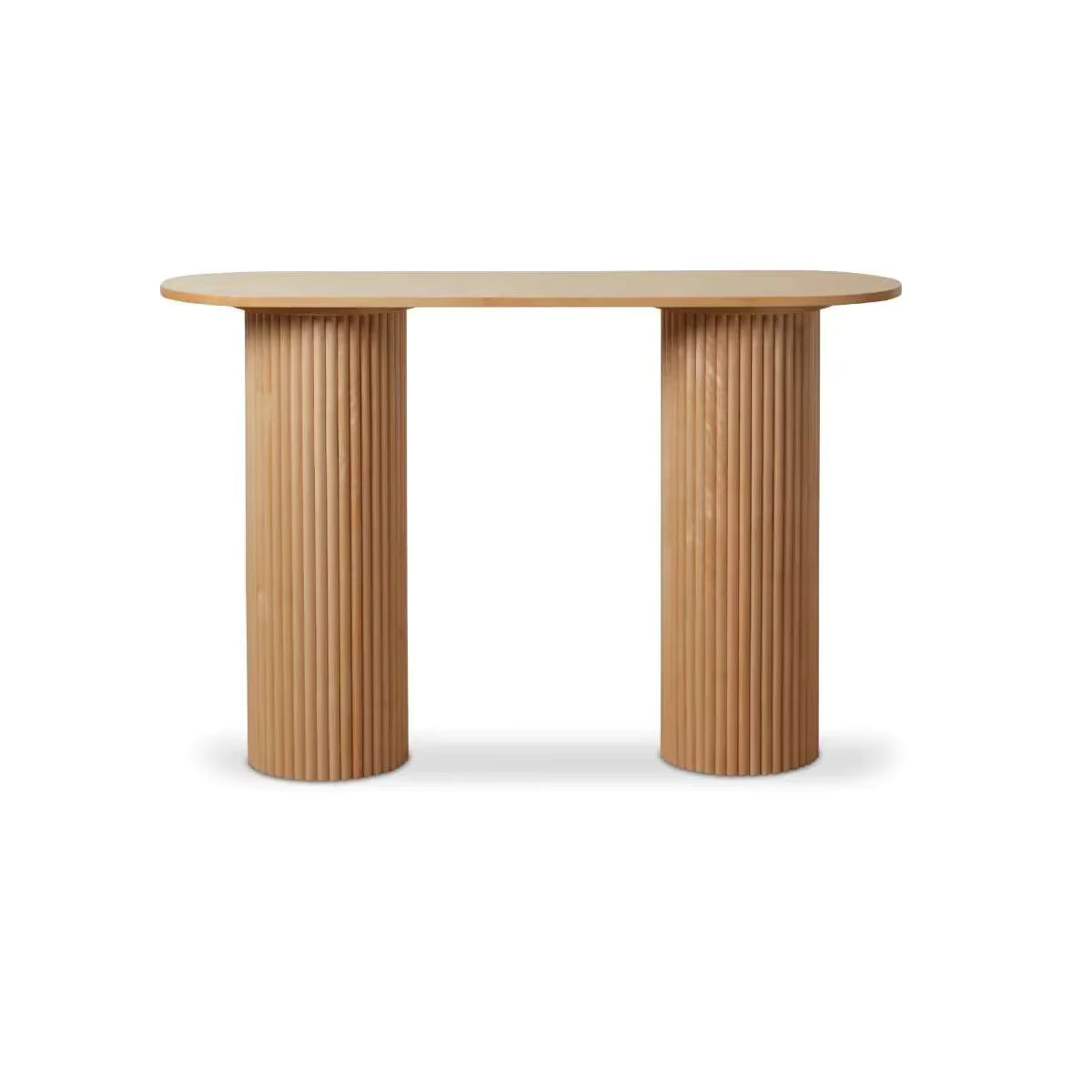 Wooden table with fluted cylindrical legs on a white background