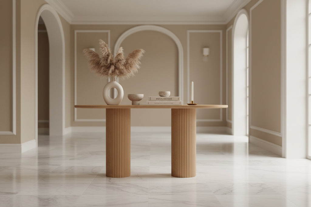 Wooden table with fluted column legs on a white background