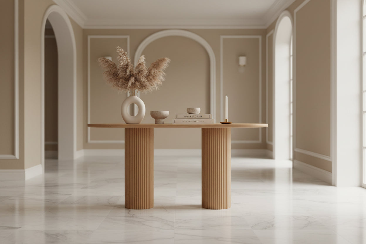 Wooden table with fluted column legs on a white background
