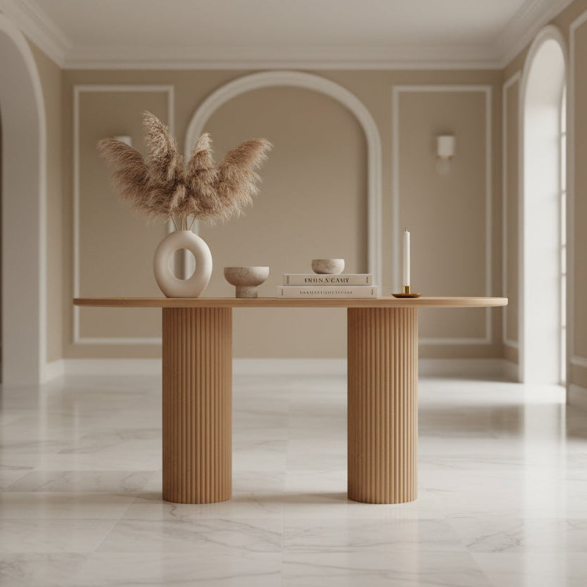 Modern dining table with decorative elements in a minimalistic room.