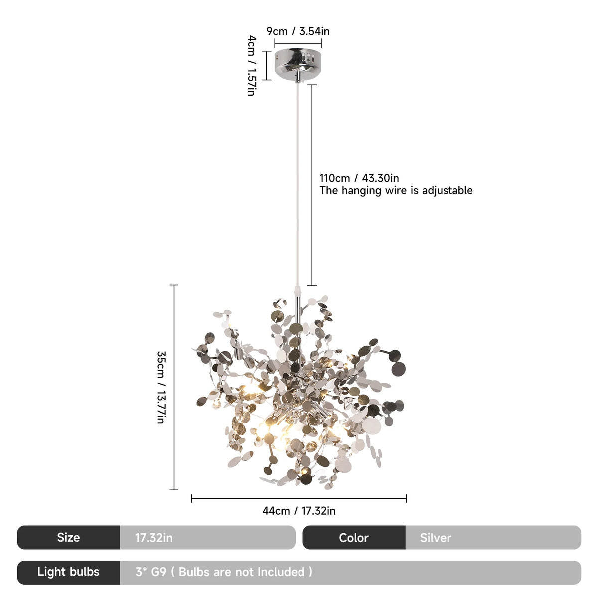 Chandelier with dimensions and specifications on a white background