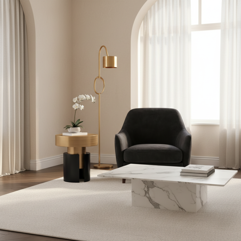 A modern living room scene featuring a black upholstered armchair, a white marble coffee table, a black and gold side table with a white orchid, and a gold floor lamp against beige walls with arched windows and sheer curtains.
