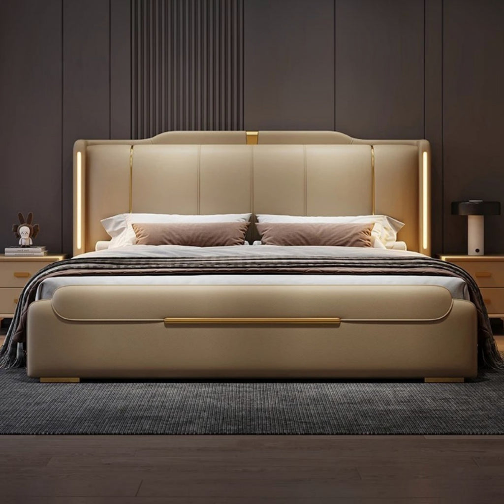 Luxury King Size Leather Storage Bed – Modern Solid Wood Frame