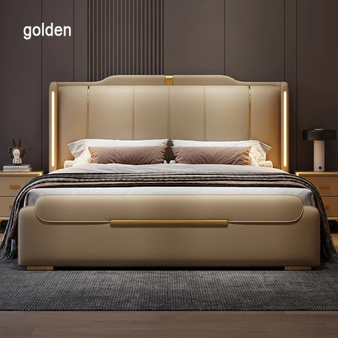 Beige upholstered bed with LED lighting in a bedroom setting, featuring the brand 'golden'.