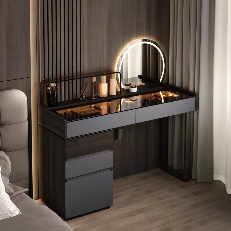 Nordic Glass Top Makeup Vanity Table – Minimalist Dressing Table with Storage Drawers