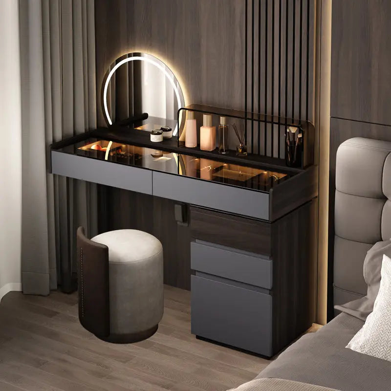 Nordic Glass Top Makeup Vanity Table – Minimalist Dressing Table with Storage Drawers
