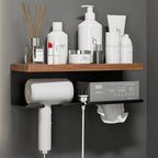 Shelf with cosmetic products and a hair dryer against a gray wall