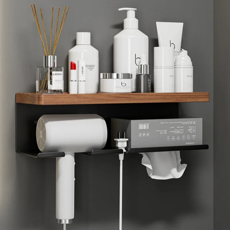 Shelf with cosmetic products and a hair dryer against a gray wall