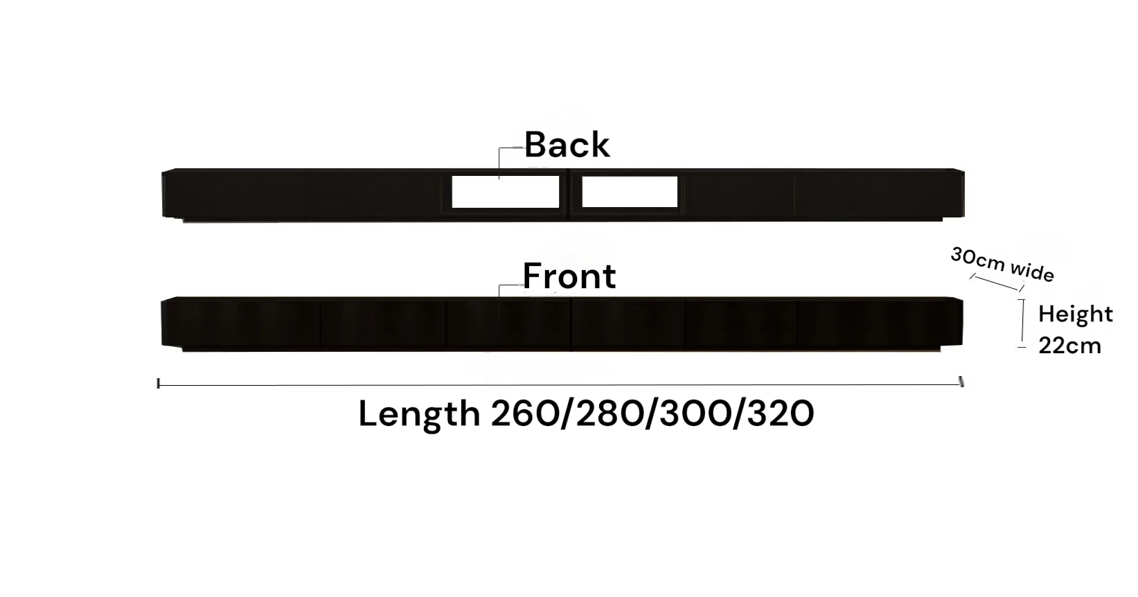 Measurement chart of a black rectangular object with labeled dimensions on a white background