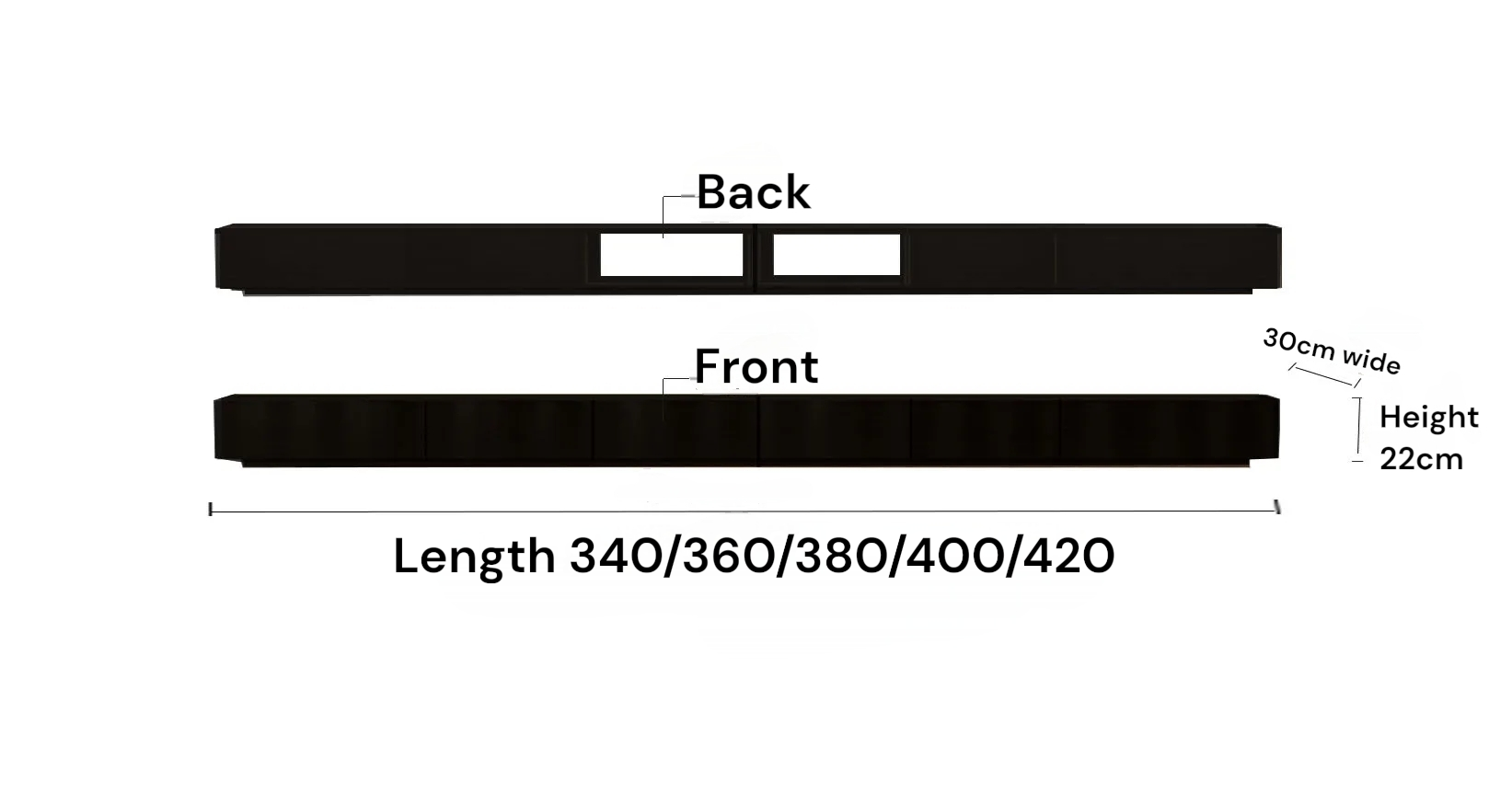 Measurement chart of a black rectangular object with labeled dimensions on a white background