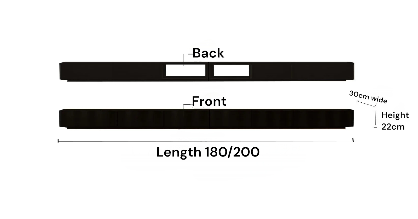 Measurement chart showing dimensions of a product with 'Back' and 'Front' labels, width, height, and length.