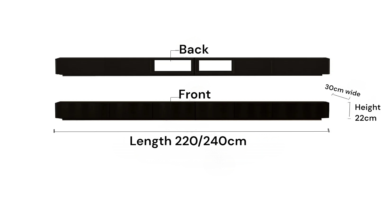 Measurement chart of a black rectangular object with dimensions labeled