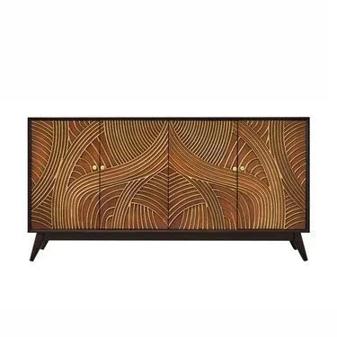 Wooden cabinet with a decorative pattern on a white background