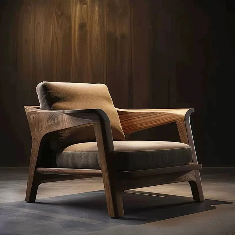 Wooden armchair with beige cushion against a dark background