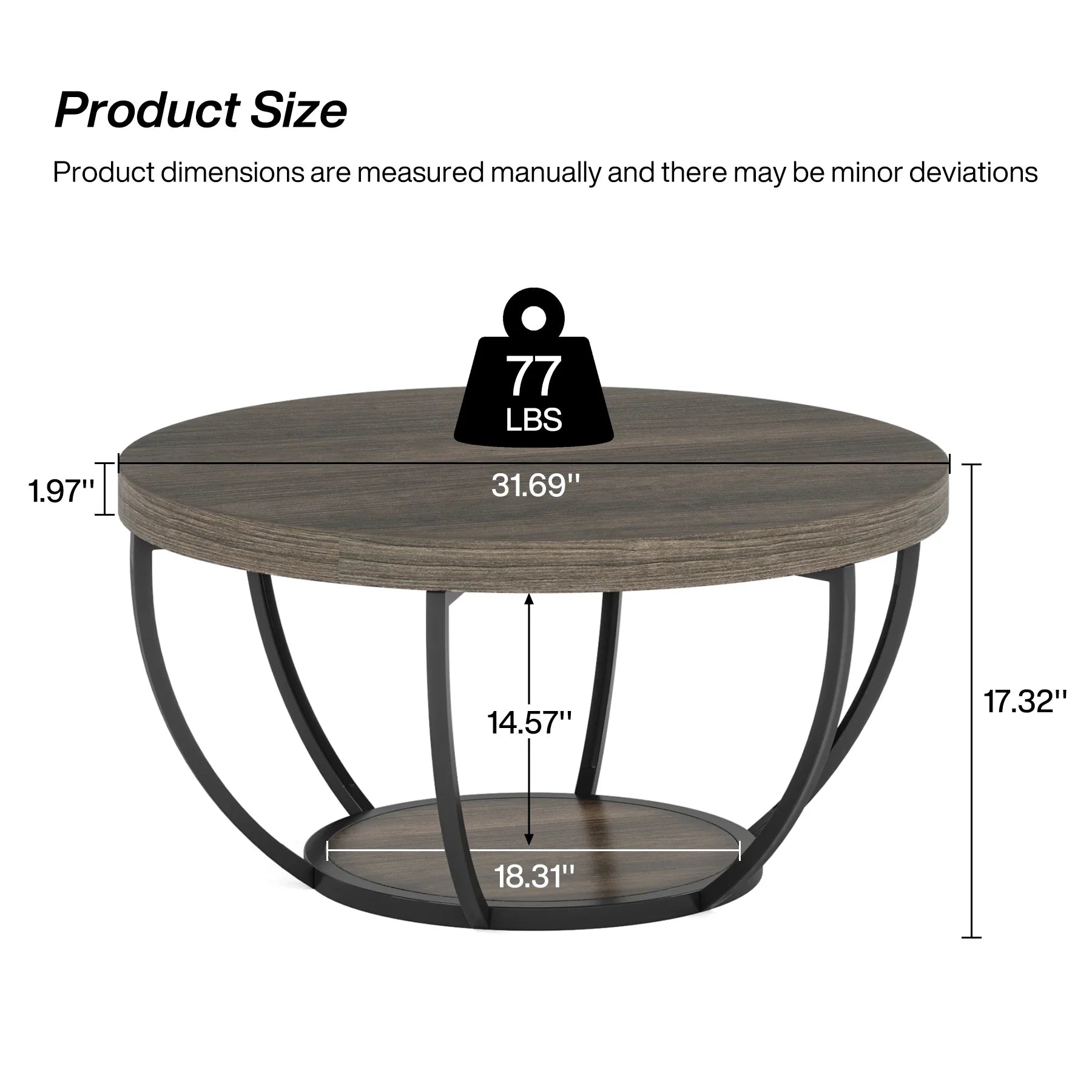 Round wooden coffee table with measurements on a white background