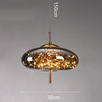 Modern pendant light with measurements on a gray background