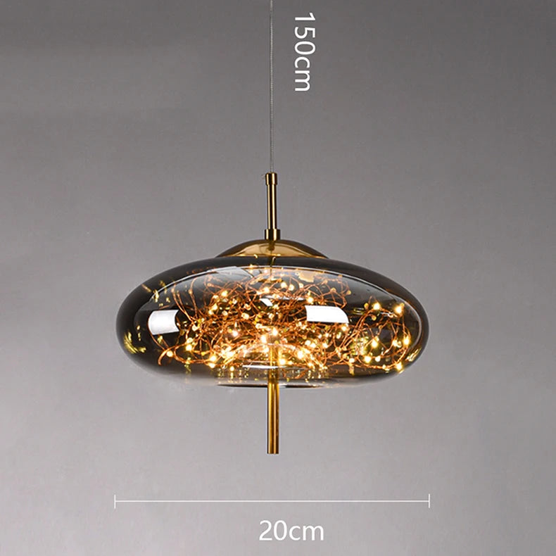 Modern pendant light with measurements on a gray background