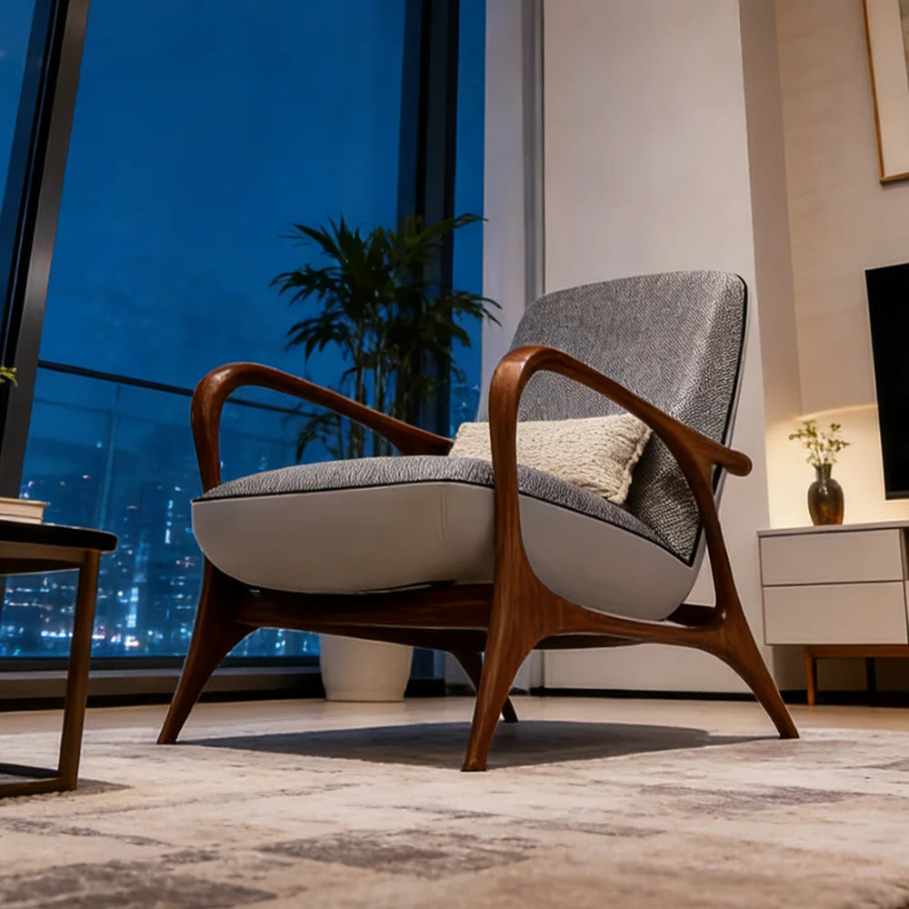 Modern Gray Upholstered Wood Accent Lounge Chair