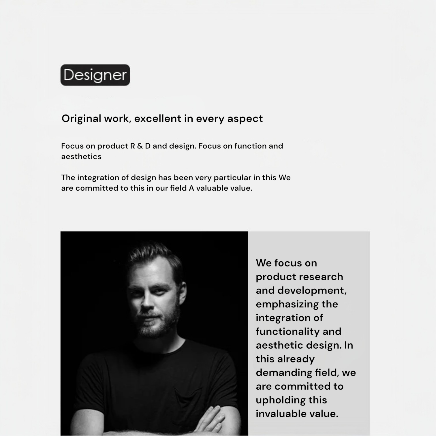 Person with text about design focus and product R&D on a white background