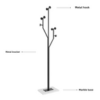Coat rack with labeled metal hook, metal bracket, and marble base on a white background
