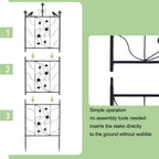 Step-by-step assembly guide for a decorative metal garden stake with floral patterns.