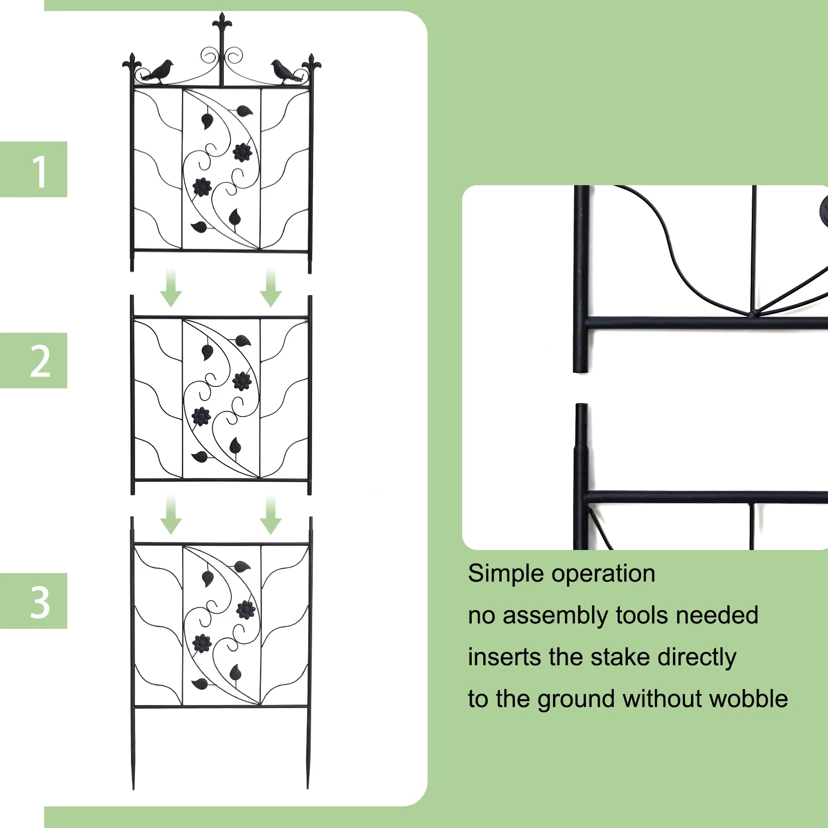 Step-by-step assembly guide for a decorative metal garden stake with floral patterns.