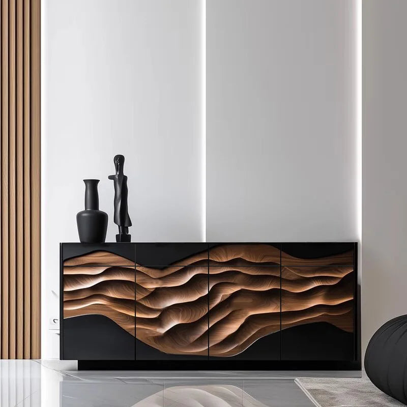 Modern interior with a decorative cabinet featuring wavy wood design.