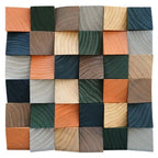 Wooden wall panel with a patchwork design of various wood textures and colors.