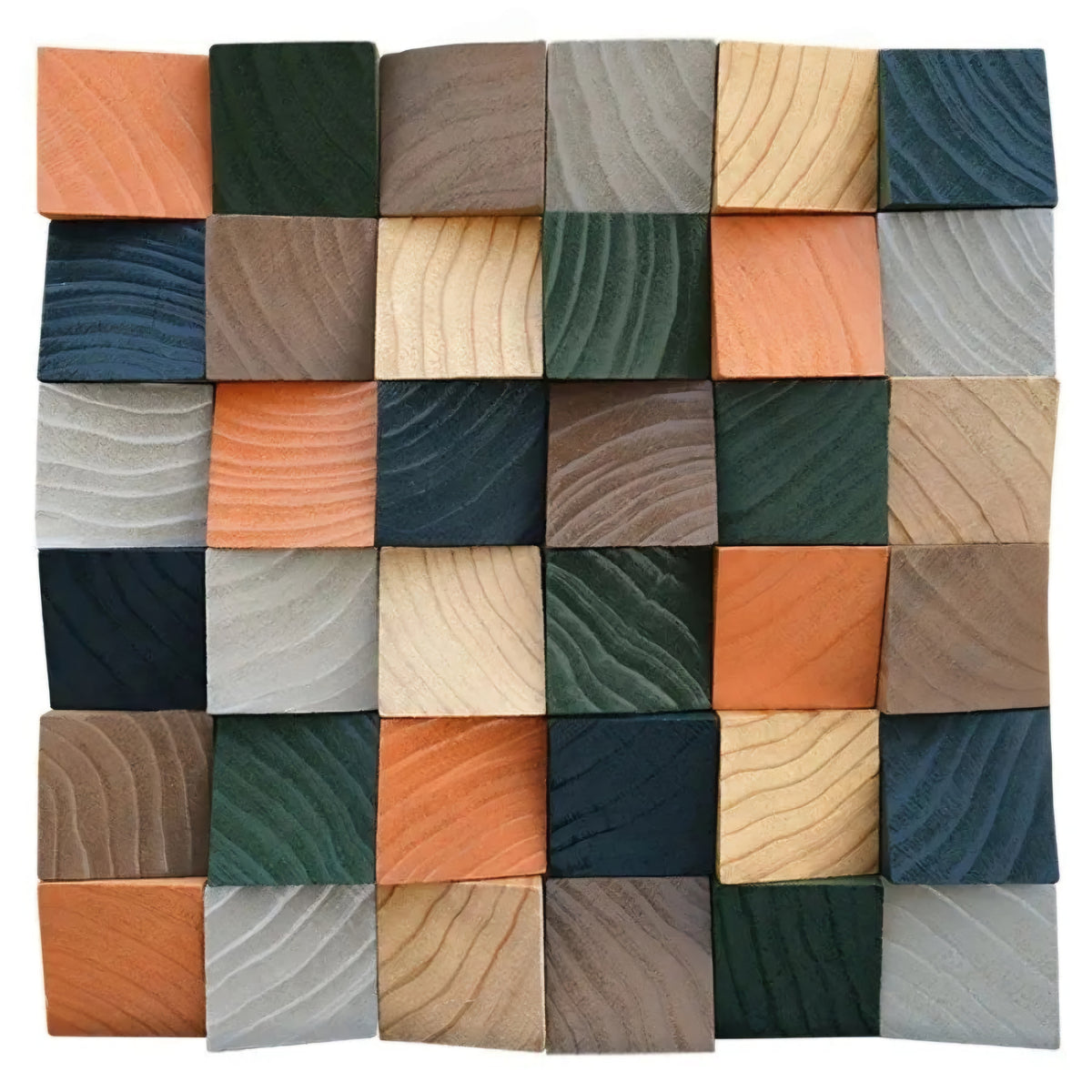 Wooden wall panel with a patchwork design of various wood textures and colors.