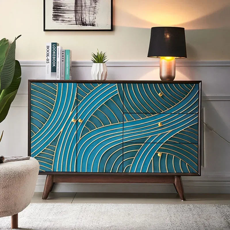 Decorative cabinet with blue and gold pattern in a living room setting