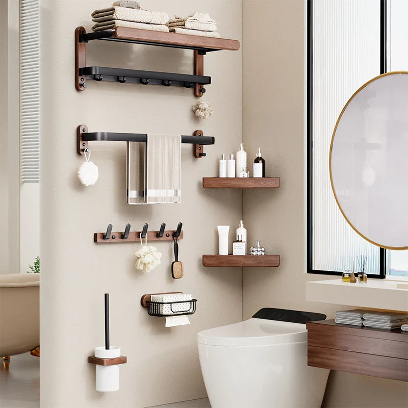 Bathroom with wooden shelves, toilet paper holder, and various toiletries.