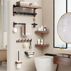 Bathroom with wooden shelves, toilet paper holder, and various toiletries.