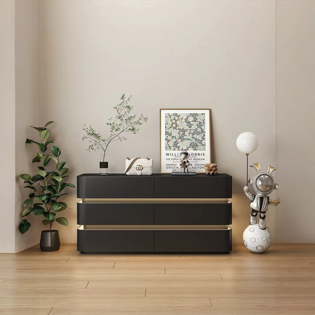 Modern interior with a black console table, decorative items, and plants.