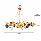 Gold branch-shaped chandelier with leaf and flower details and multiple globe bulbs, shown with dimension labels: 15cm ceiling canopy width, 120cm adjustable hanging height, 35cm body height, and 150cm overall width on a white background.