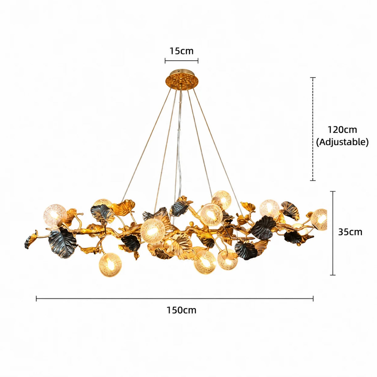 Gold branch-shaped chandelier with leaf and flower details and multiple globe bulbs, shown with dimension labels: 15cm ceiling canopy width, 120cm adjustable hanging height, 35cm body height, and 150cm overall width on a white background.