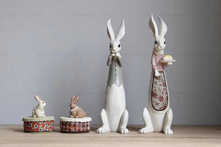 Country Rabbit Couple Ornaments – Hand-Painted Resin Figures