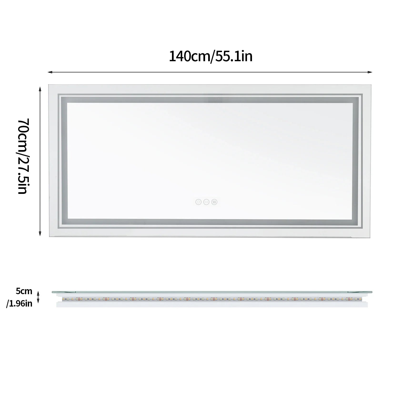 Measurement chart of a rectangular Mirror object with dimensions labeled