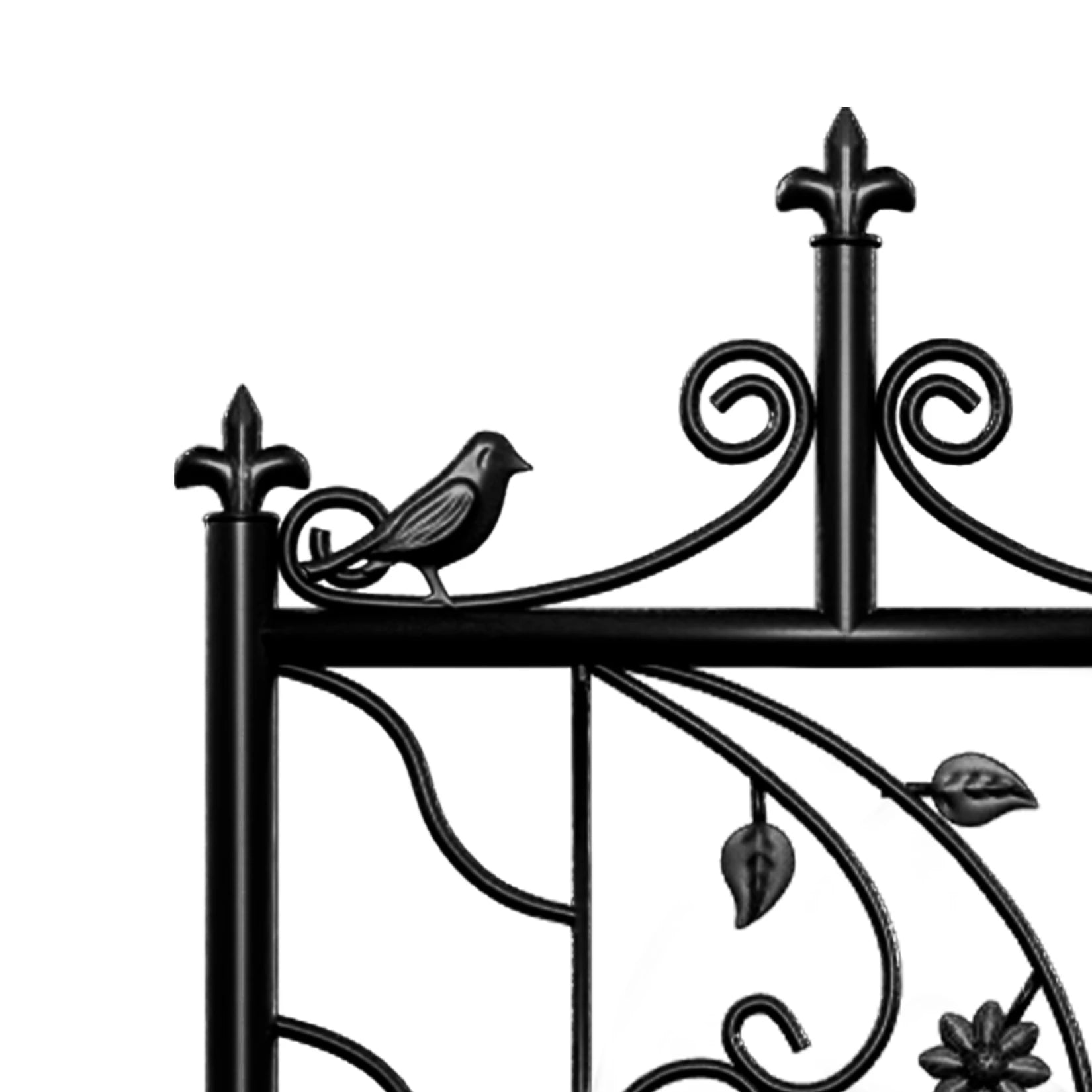 Decorative metal railing with intricate designs and a bird figure on a white background