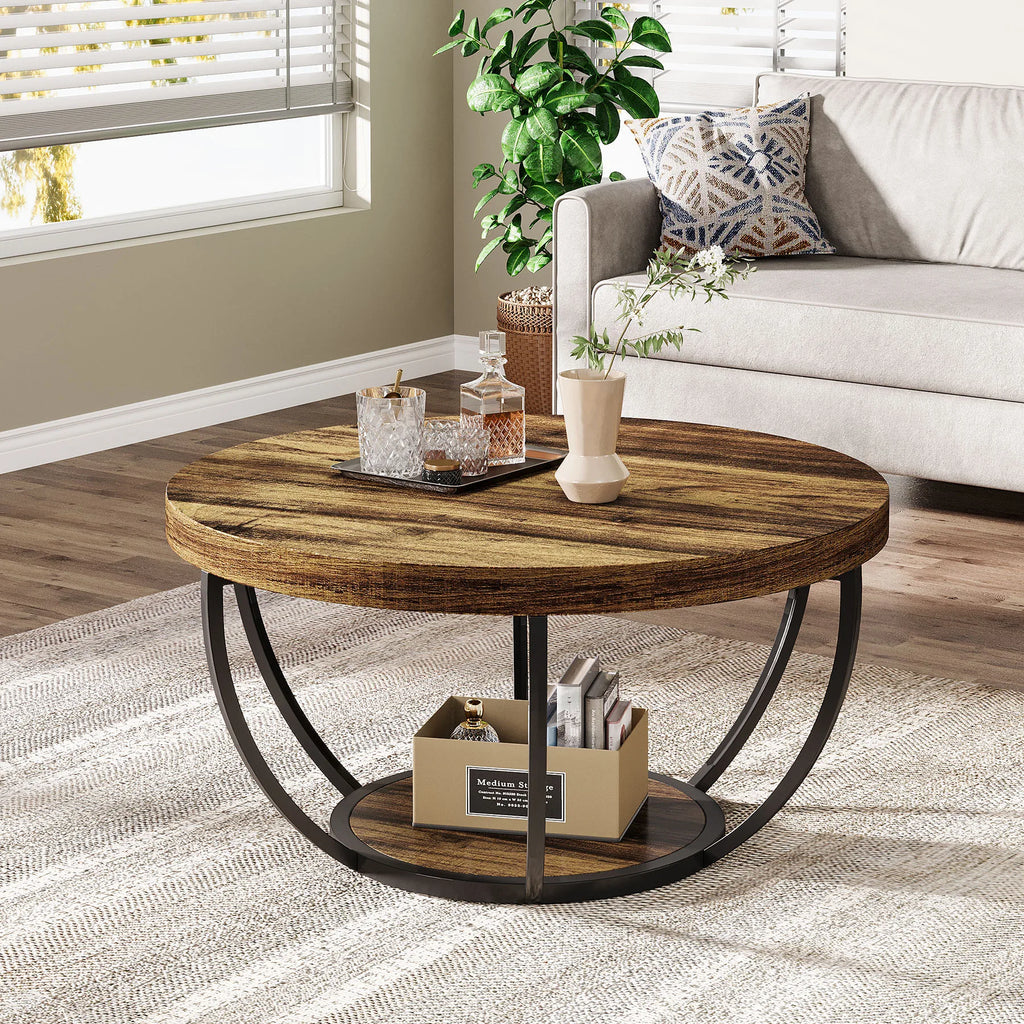 Wooden coffee table with decorative items in a living room setting