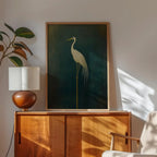 Japanese Crane Canvas Print – Elegant Green & White Bird Wall Art