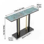 Dimensions of a small table with a blue marble-like top and black legs.