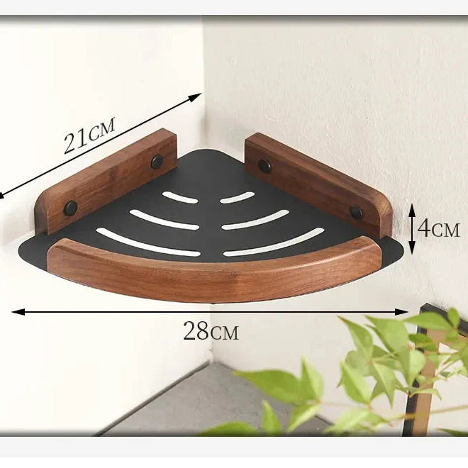 Wooden corner shelf with measurements on a white background