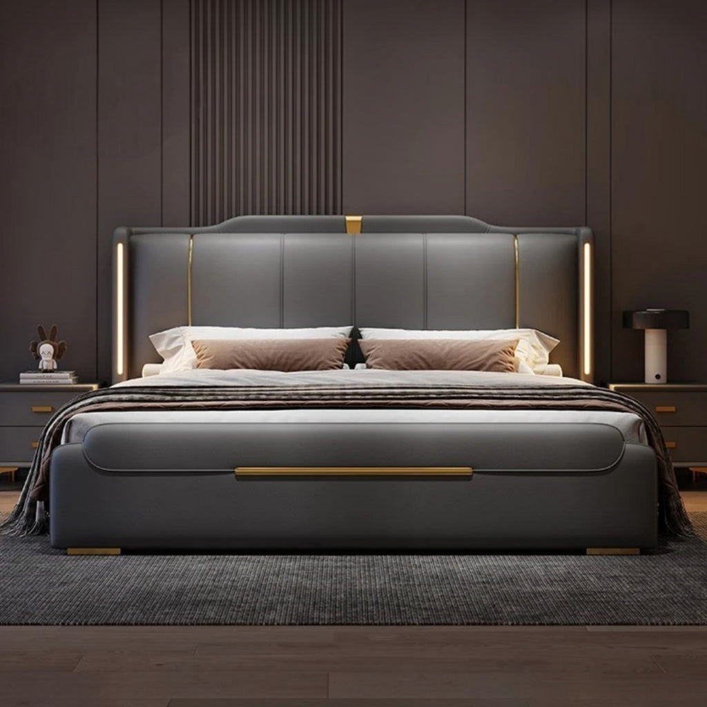 Luxury King Size Leather Storage Bed – Modern Solid Wood Frame