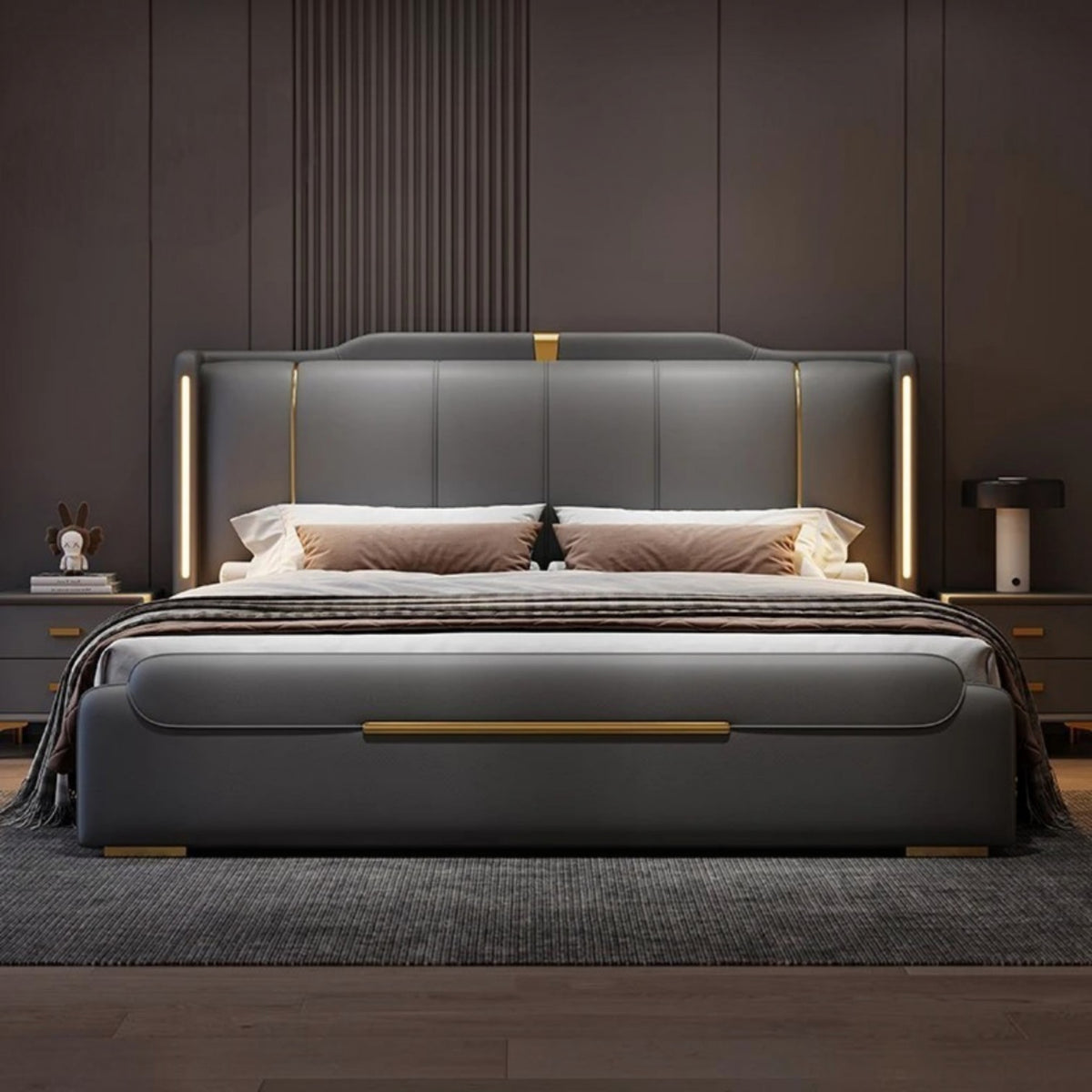 Luxury King Size Leather Storage Bed – Modern Solid Wood Frame