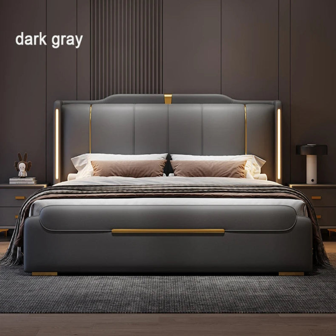 Dark gray bed with gold accents in a bedroom setting