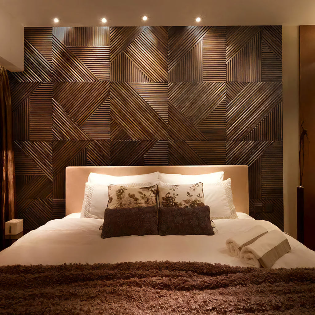 Bedroom with a wooden geometric headboard and neatly made bed.