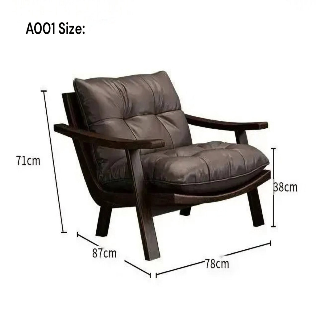 A dark brown leather armchair with dimension labels showing measurements of 71cm in height, 78cm in width, 87cm in depth, and 38cm in back cushion height on a white background.