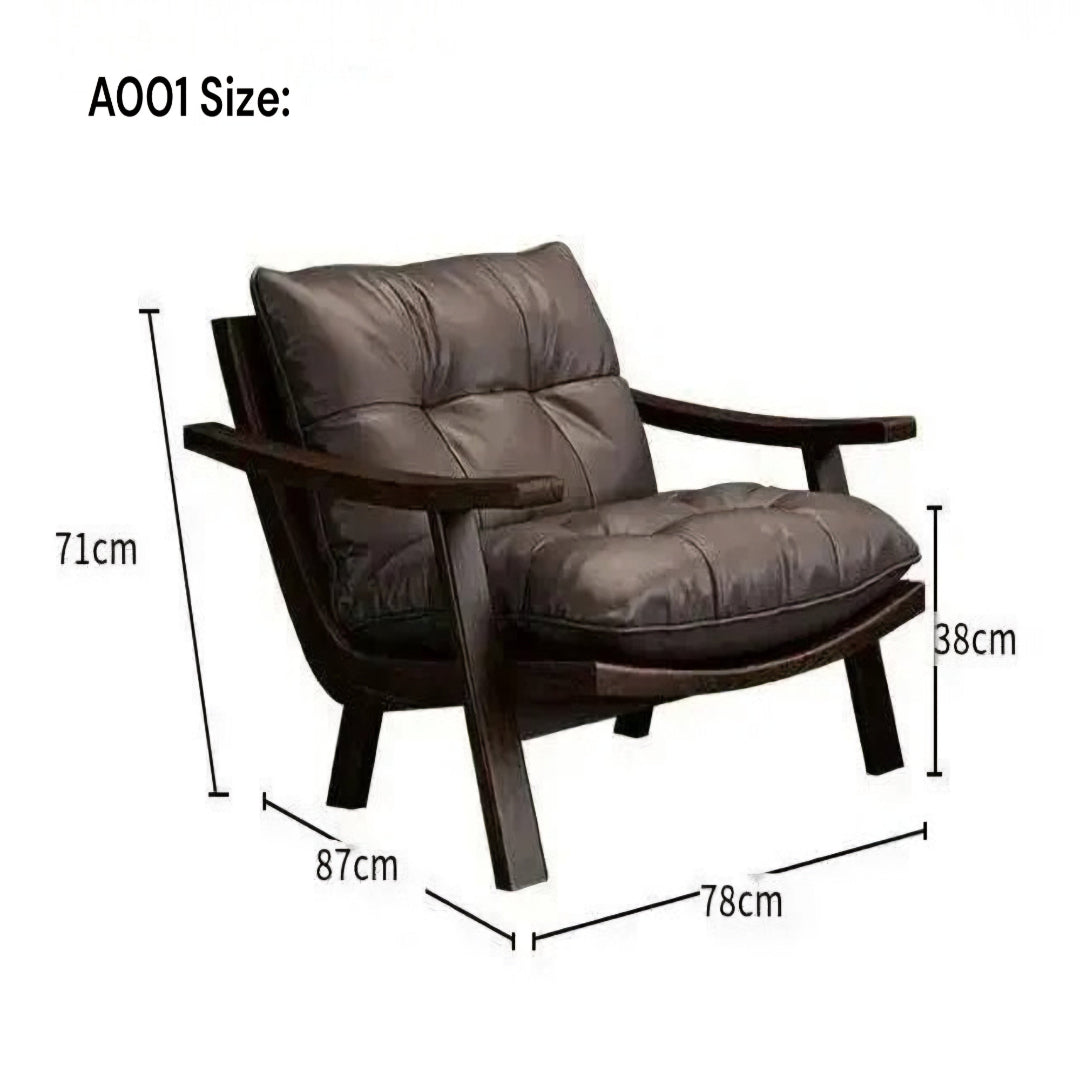 A dark brown leather armchair with dimension labels showing measurements of 71cm in height, 78cm in width, 87cm in depth, and 38cm in back cushion height on a white background.