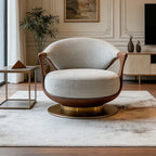 Modern armchair with wooden frame and beige cushion in a stylish living room.