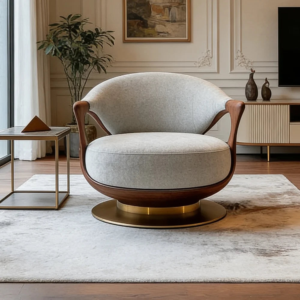 Modern armchair with wooden frame and beige cushion in a stylish living room.
